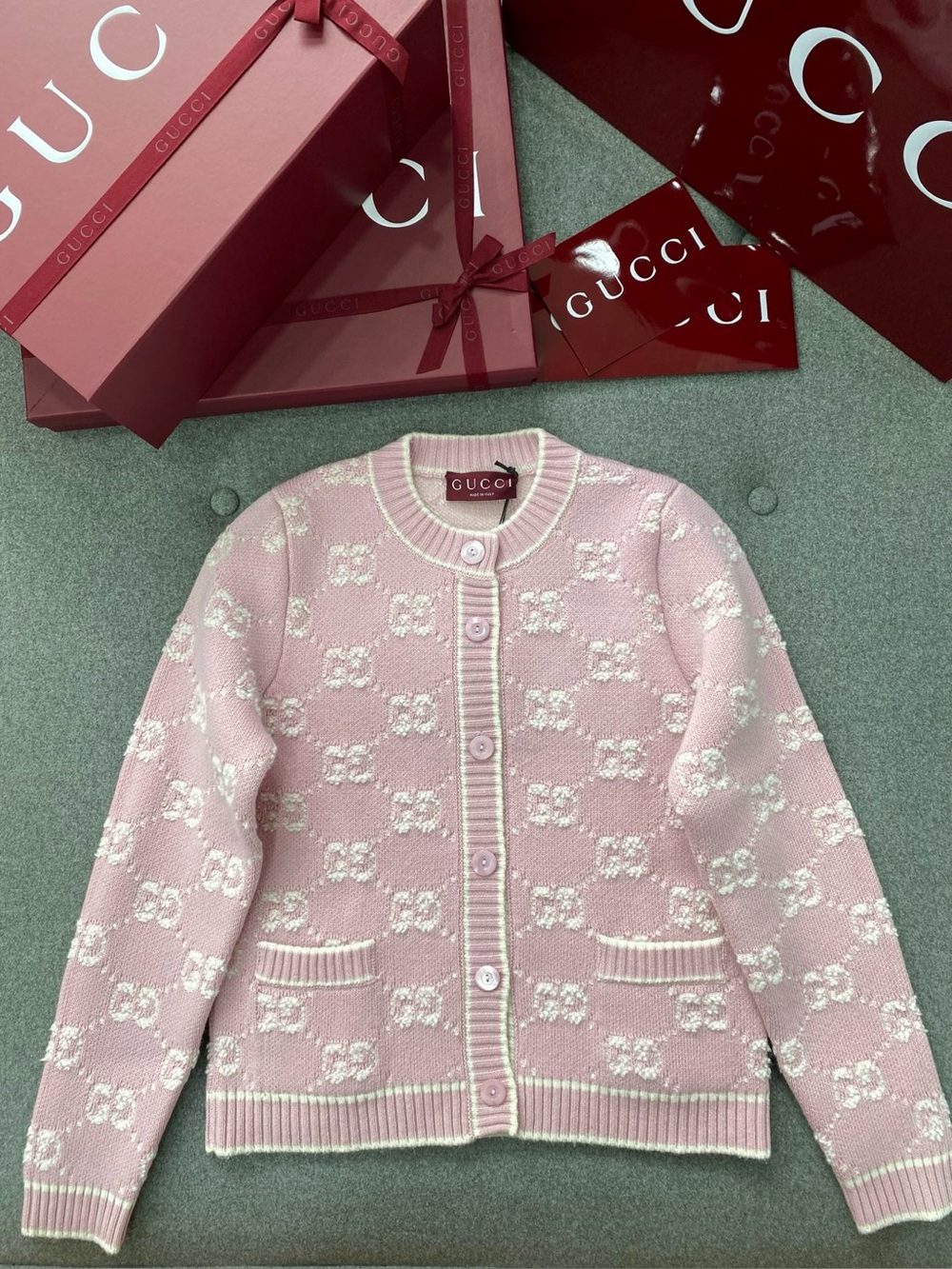 Gucci Light Pink 3D GG Monogram Jacquard Crewneck Knit Cardigan
